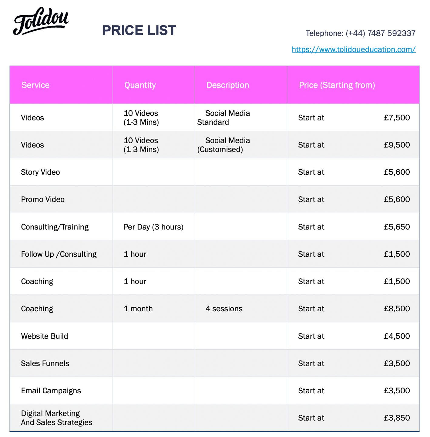 Price List