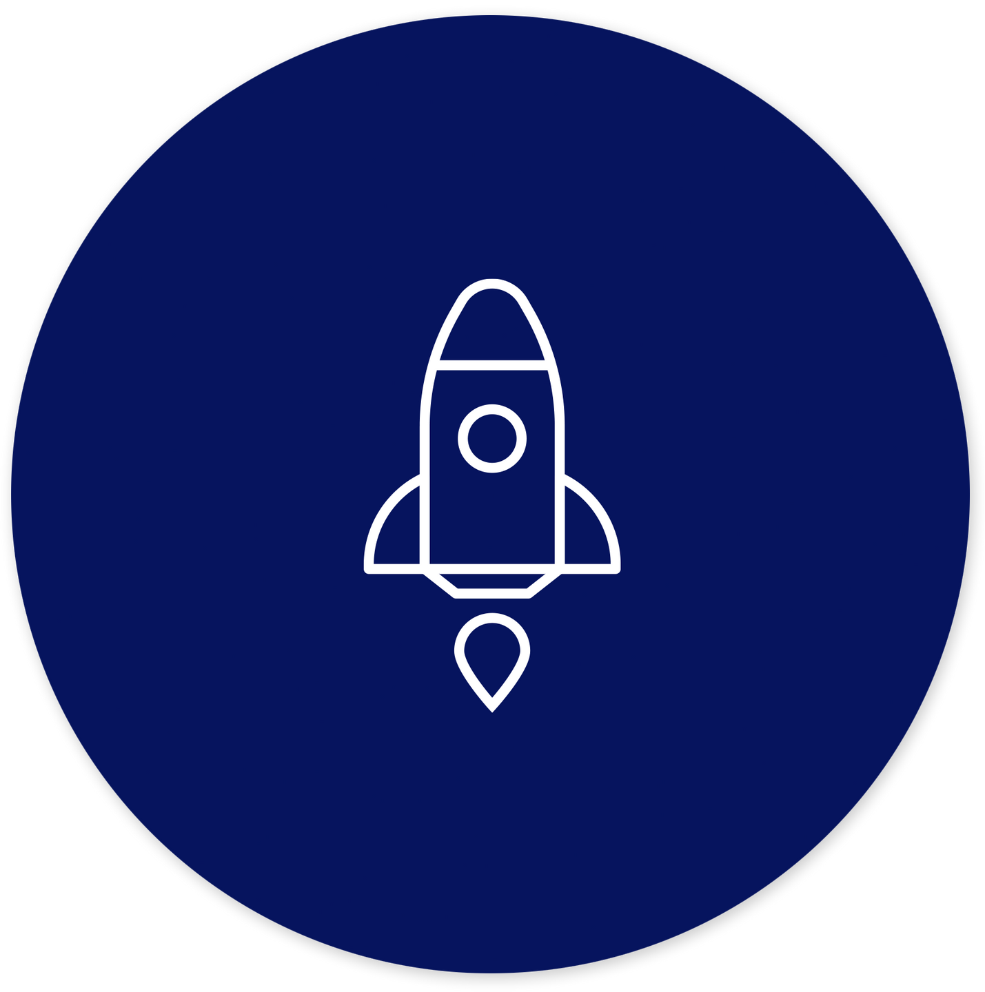 Navy Blue circle with white rocket launching icon in the center.