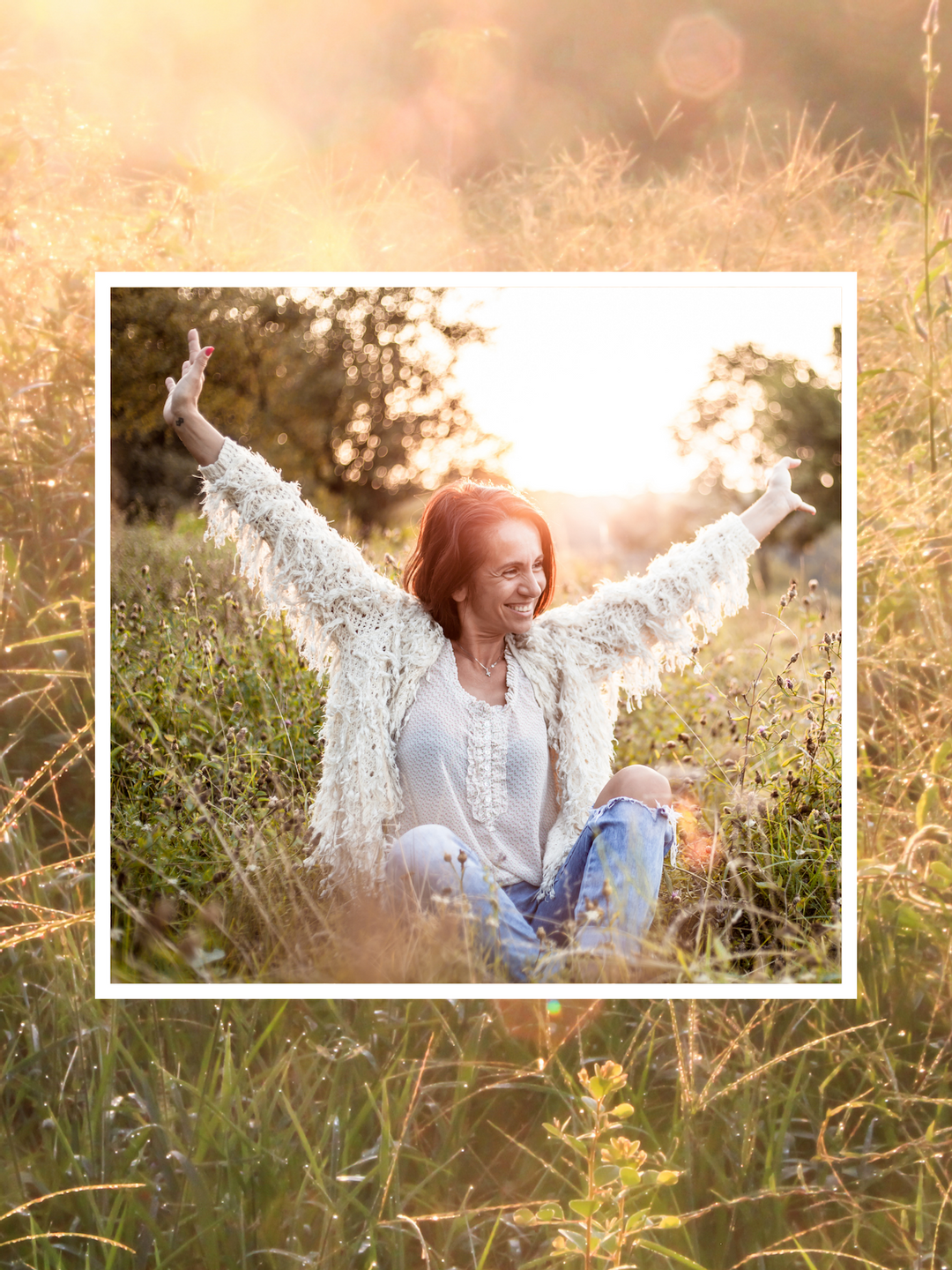 woman in white sweater with arms up