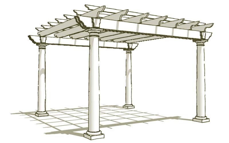 Pergola with carved edge features supported by fluted Tuscan column with Corinthian capital.