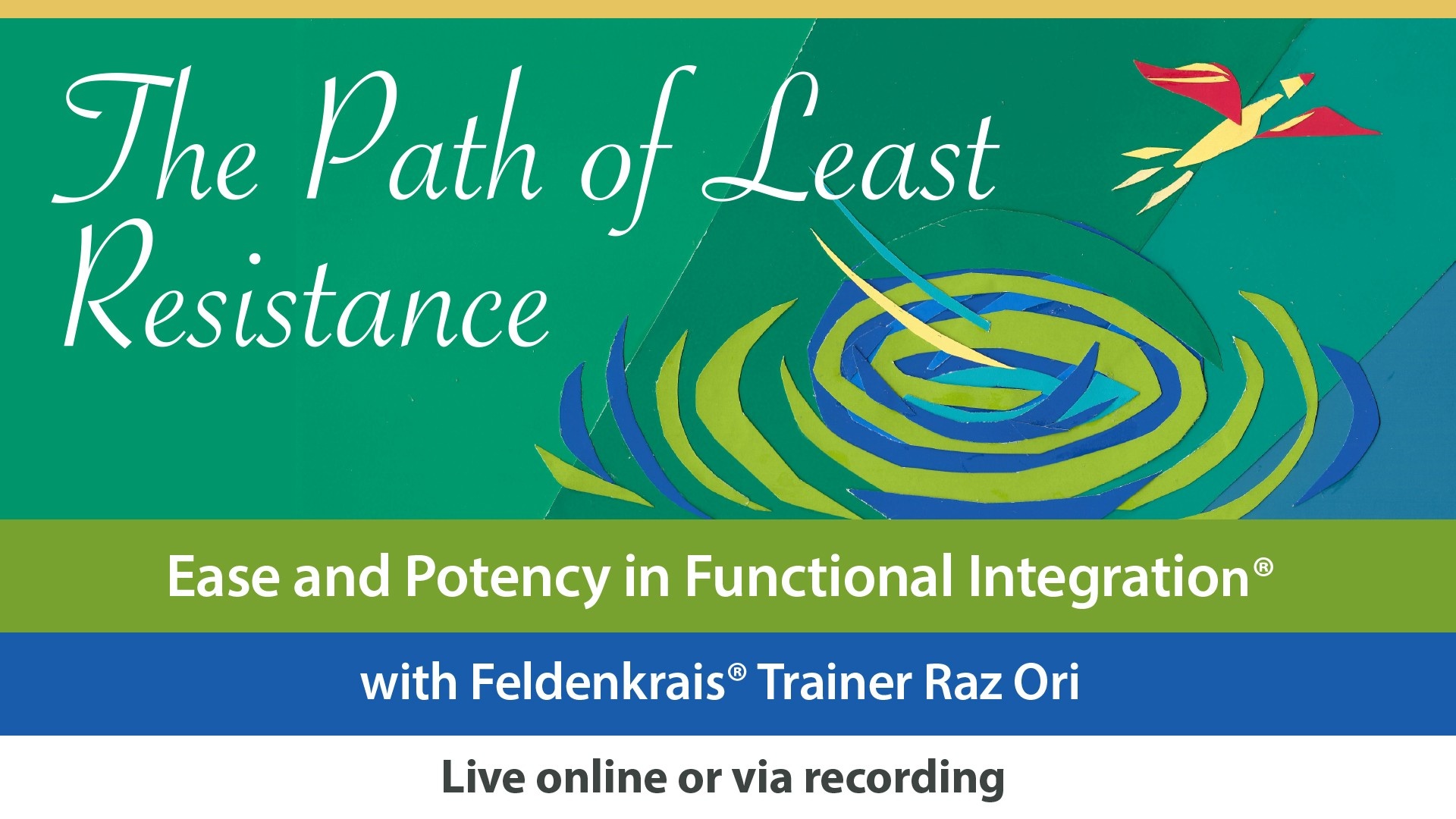 A yellow and bird flies from a nest of green and blue swirls as an illustration of online Feldenkrais Method lessons for The Path of Least Resistance