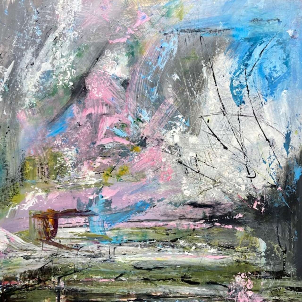 Acrylic abstract landscape painting featuring greens, blues, pinks and whites