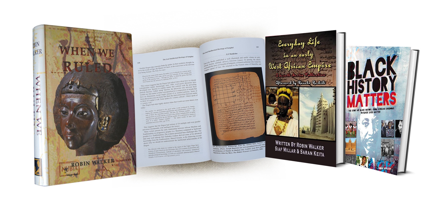 Three best-selling books written by author Robin Walker, featuring When We Ruled, Everyday Life in a West African Empire, and Black History Matters, winner of the 2020 ALCS Educational Writers Award.