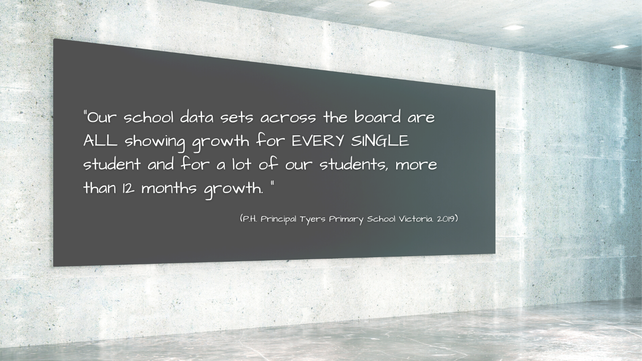 Blackboard sign on a cement wall. Quote about school data improvements.