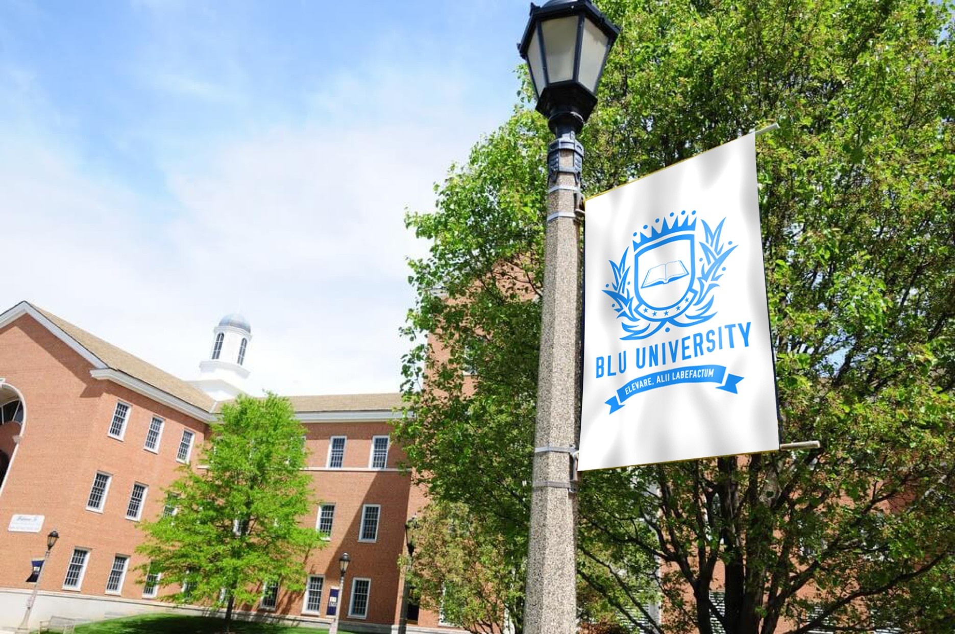 BLU University banner on campus