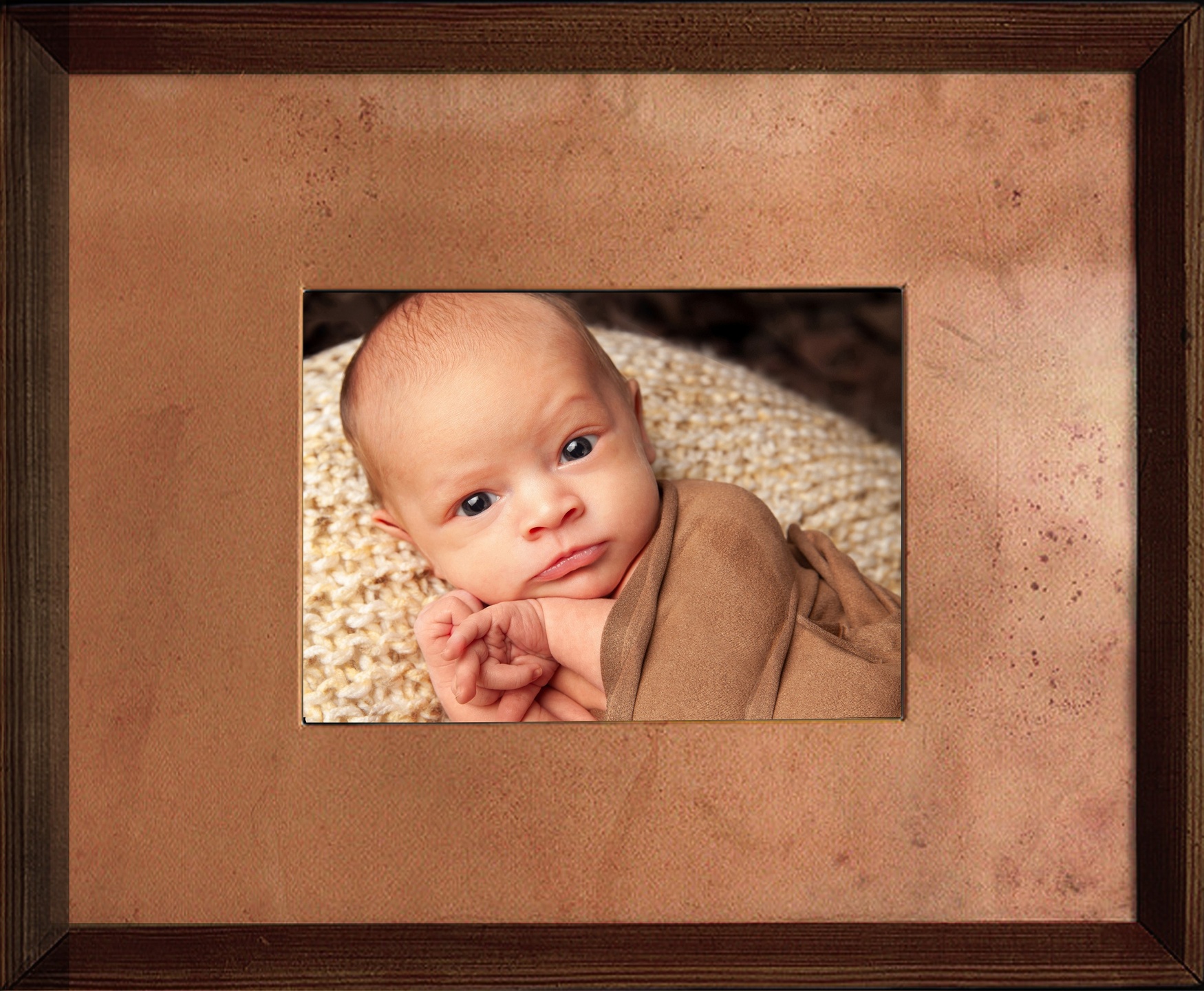 newborn in brown frame with brown mat looking at camera copyright rebecca peterman