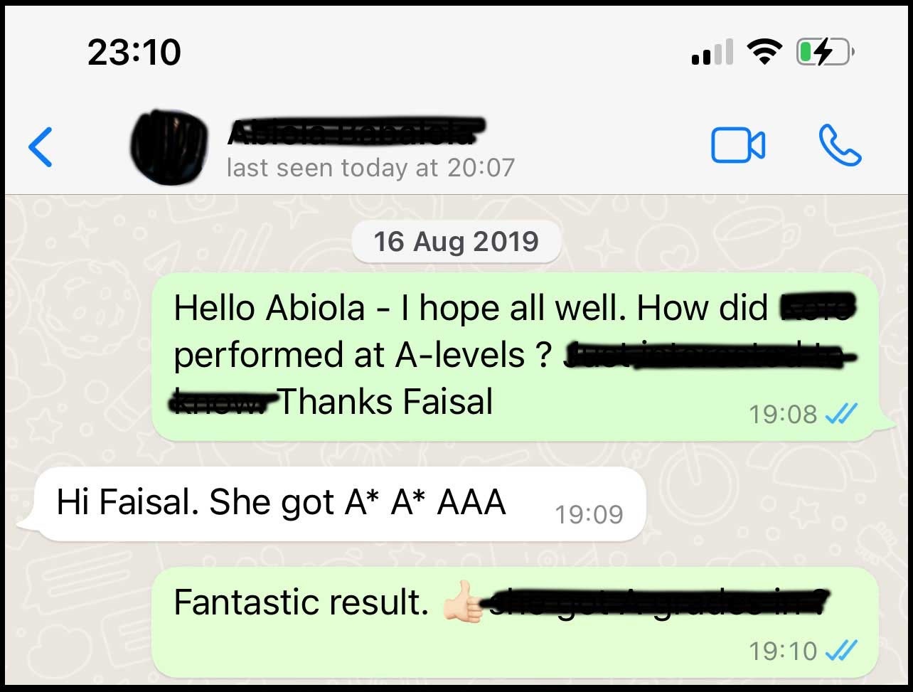 Kate obtaining grade A in Chemistry and grade A* in Biology