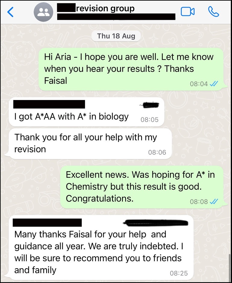 Kate obtaining grade A in Chemistry and grade A* in Biology