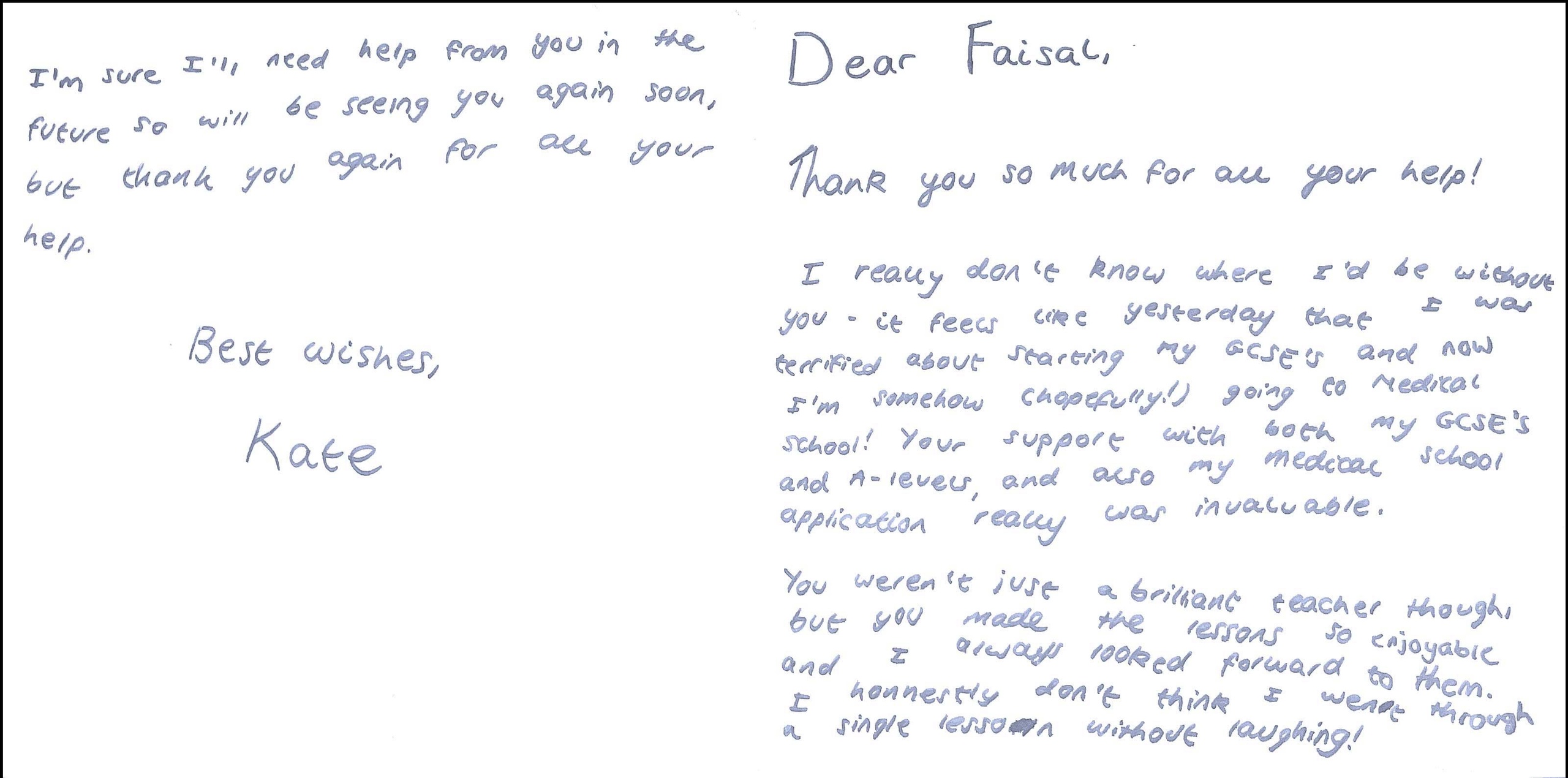 Kate obtaining grade A in Chemistry and grade A* in Biology