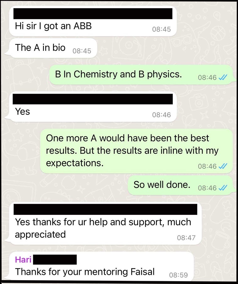 Kate obtaining grade A in Chemistry and grade A* in Biology