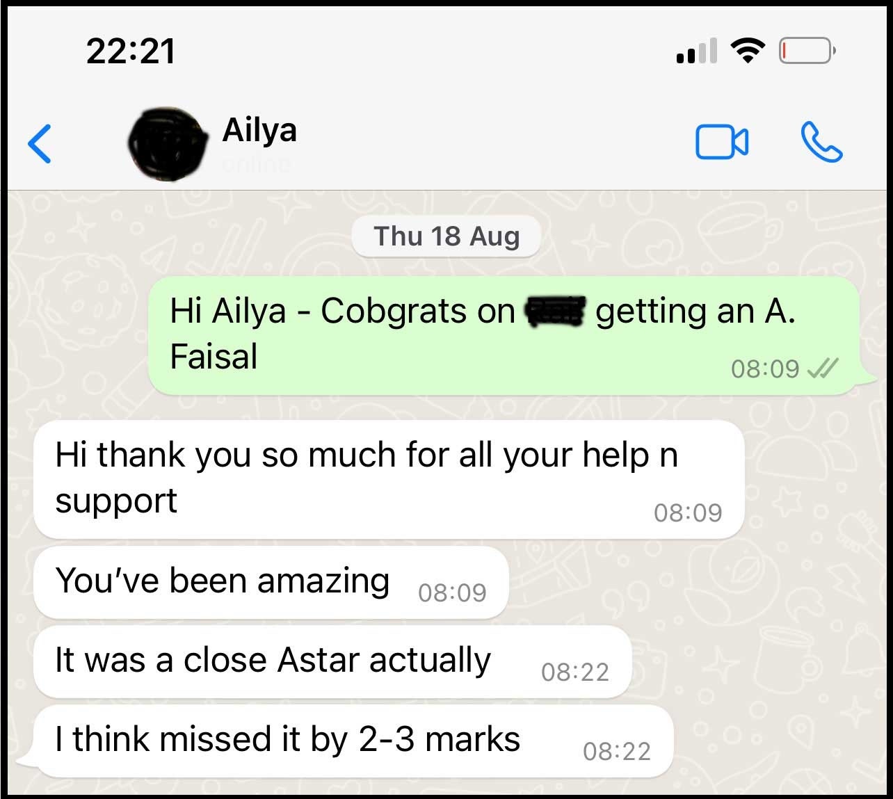 Kate obtaining grade A in Chemistry and grade A* in Biology