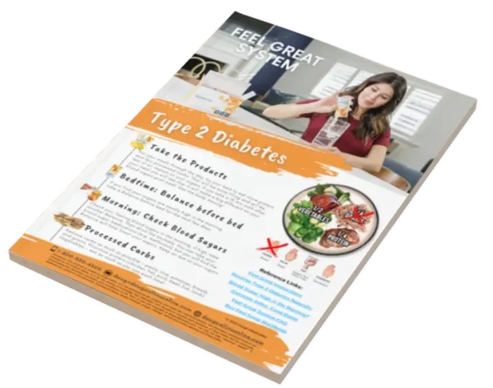 An angled view of a promotional flyer from the Feel Great System, addressing Type 2 Diabetes management. The flyer features a logo and a woman drinking a supplement, steps for managing diabetes, dietary recommendations, and advises against processed carbs with images of recommended and non-recommended foods.