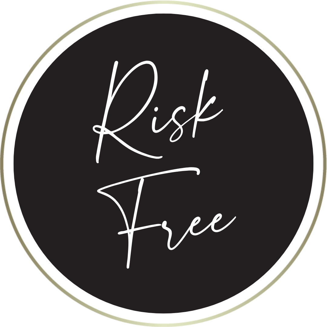 black circle with text risk free inside