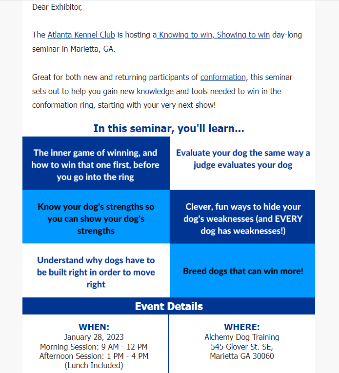 AKC email blast page Atlanta Kennel Club