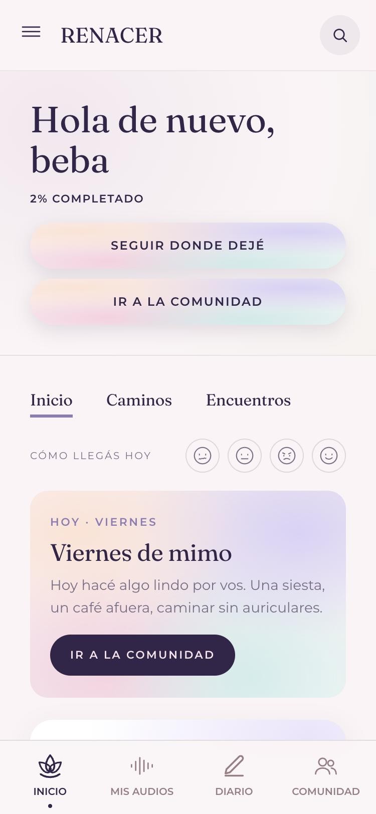 Pantalla de inicio de la app Renacer