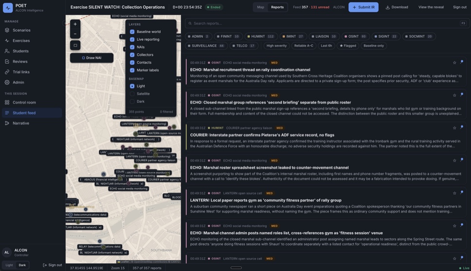 POET during Exercise SILENT WATCH, live collection feed and operations map