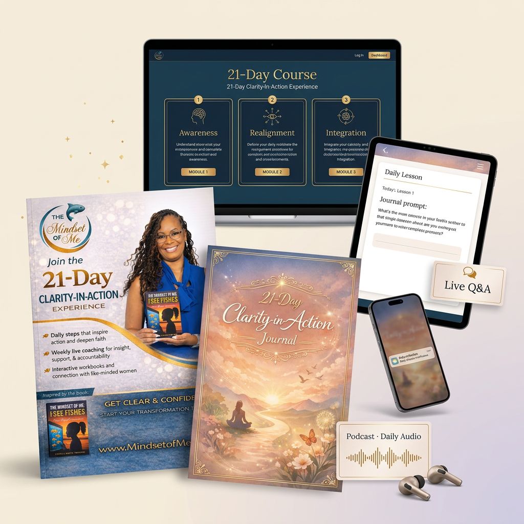 Inside the 21-Day Clarity-In-Action Experience — dashboard, daily lessons, journal, podcast, workbook PDF, and live Q&A across desktop, tablet, and phone