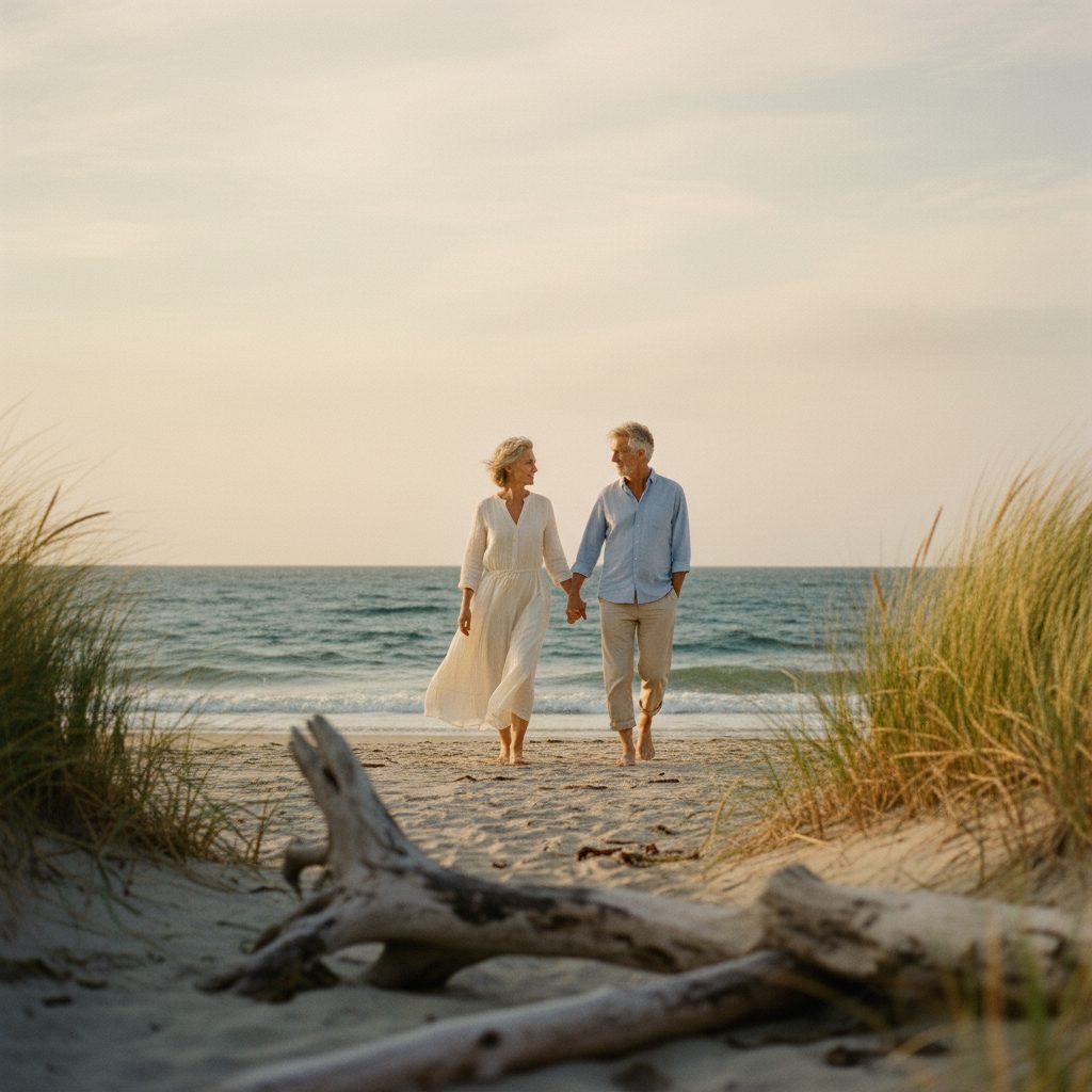 A couple walking the shoreline at golden hour