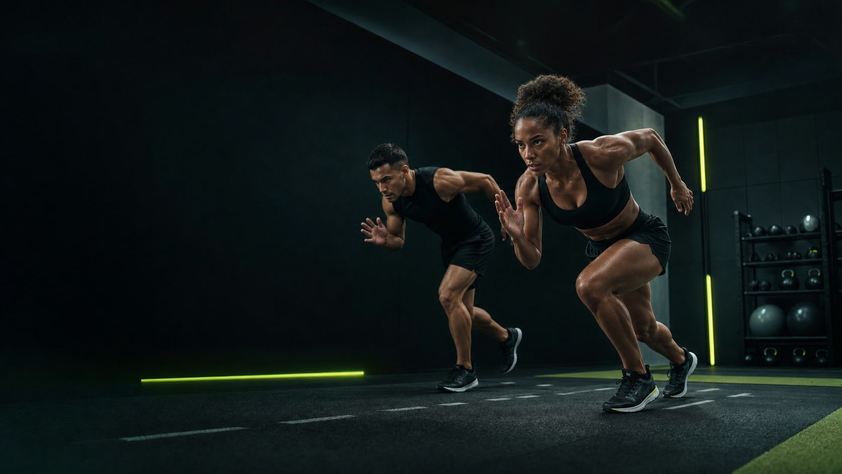 Two athletes launching into a sprint drill