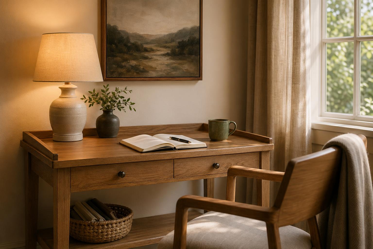 A calm, inviting writing desk in a beautifully organized study