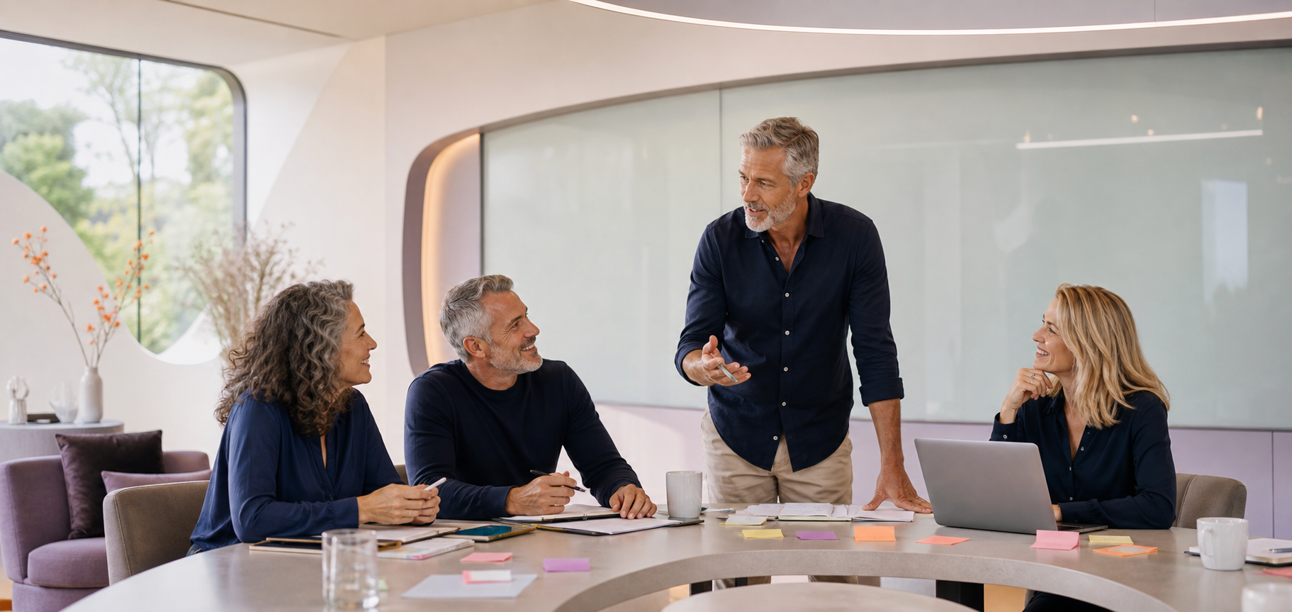 Business coach facilitating a strategy workshop with consultants