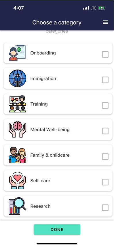 BuddieSpace app — choose a category
