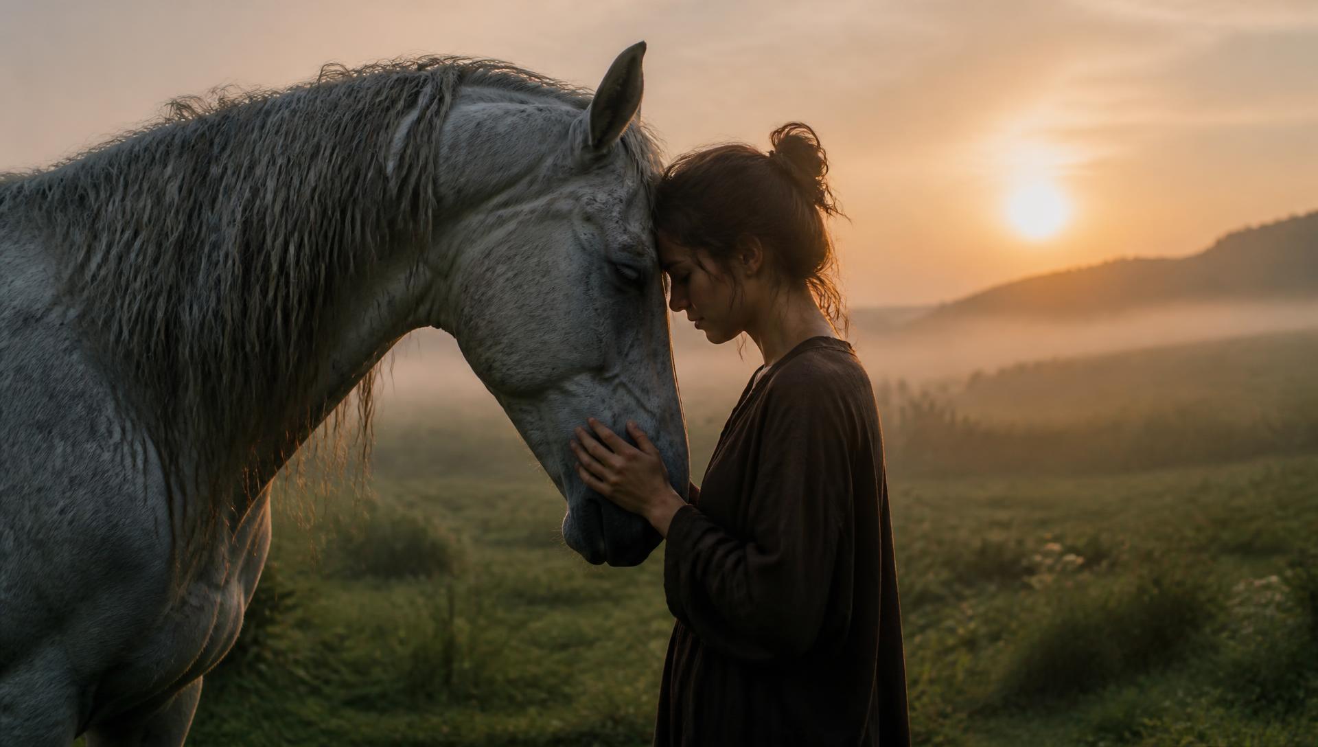 Vrouw en paard bij zonsondergang