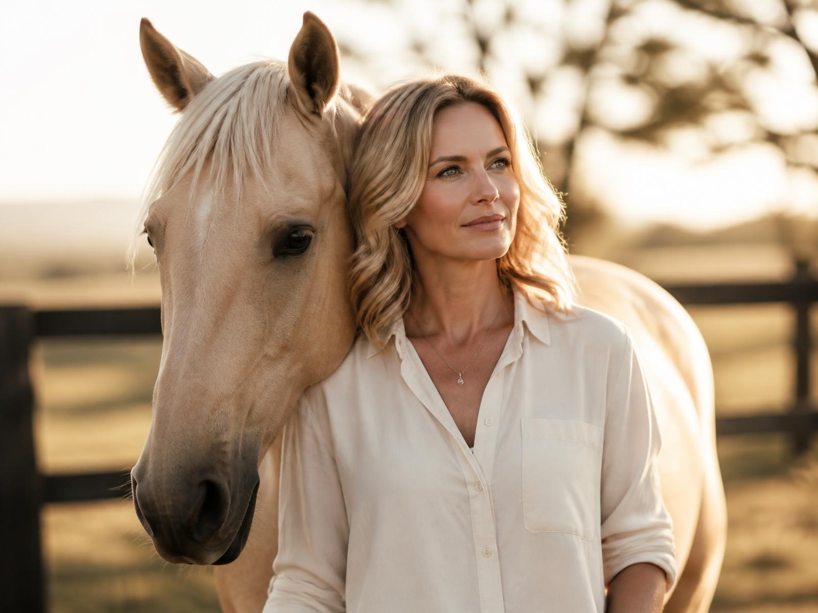 Vrouw in stil moment met haar paard in het buitenland