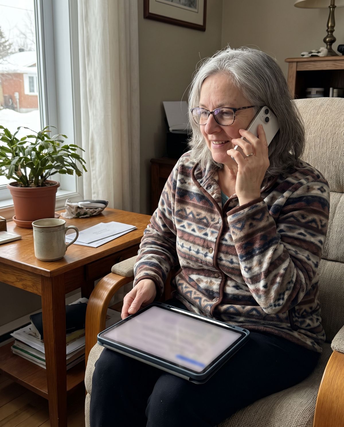 Une femme parle au téléphone avec un membre de l'équipe, son iPad sur les genoux