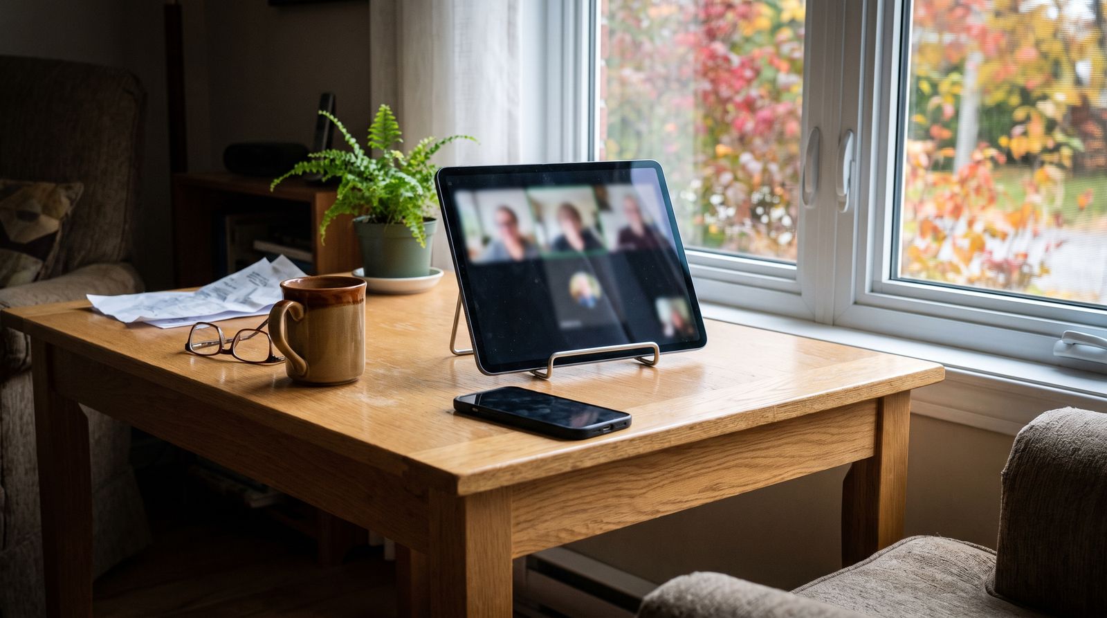 Un iPad affiche un atelier de groupe en direct, sur une table près de la fenêtre