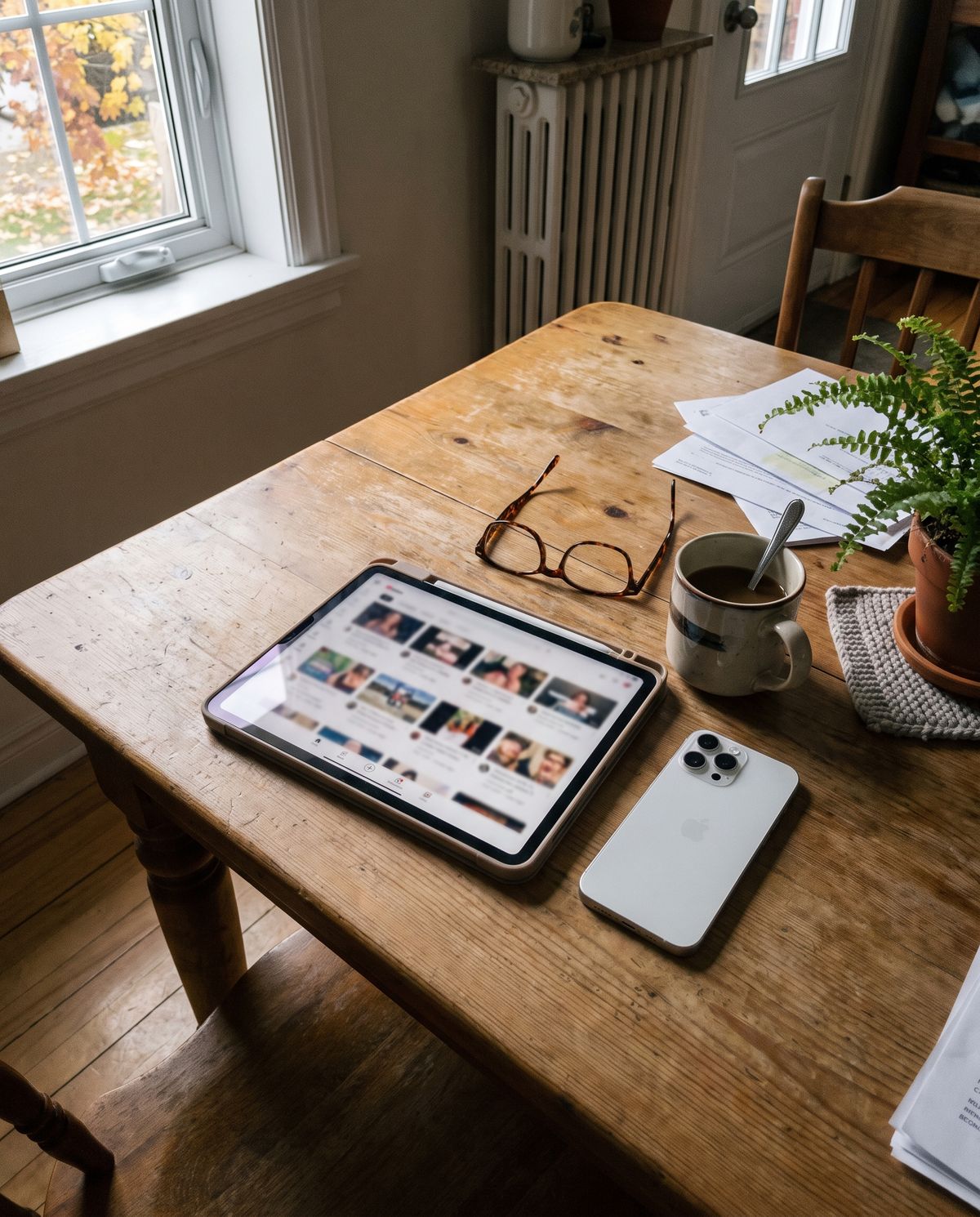 Un iPad posé sur la table de cuisine affiche les reprises des derniers ateliers