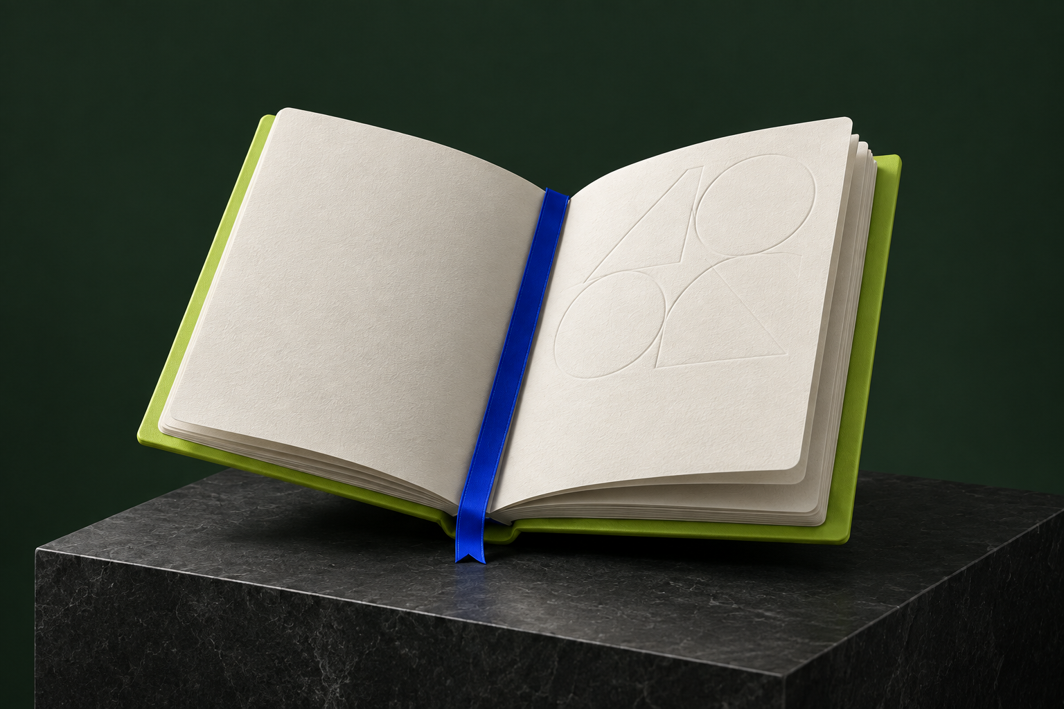 A tactile open workbook with a cobalt ribbon