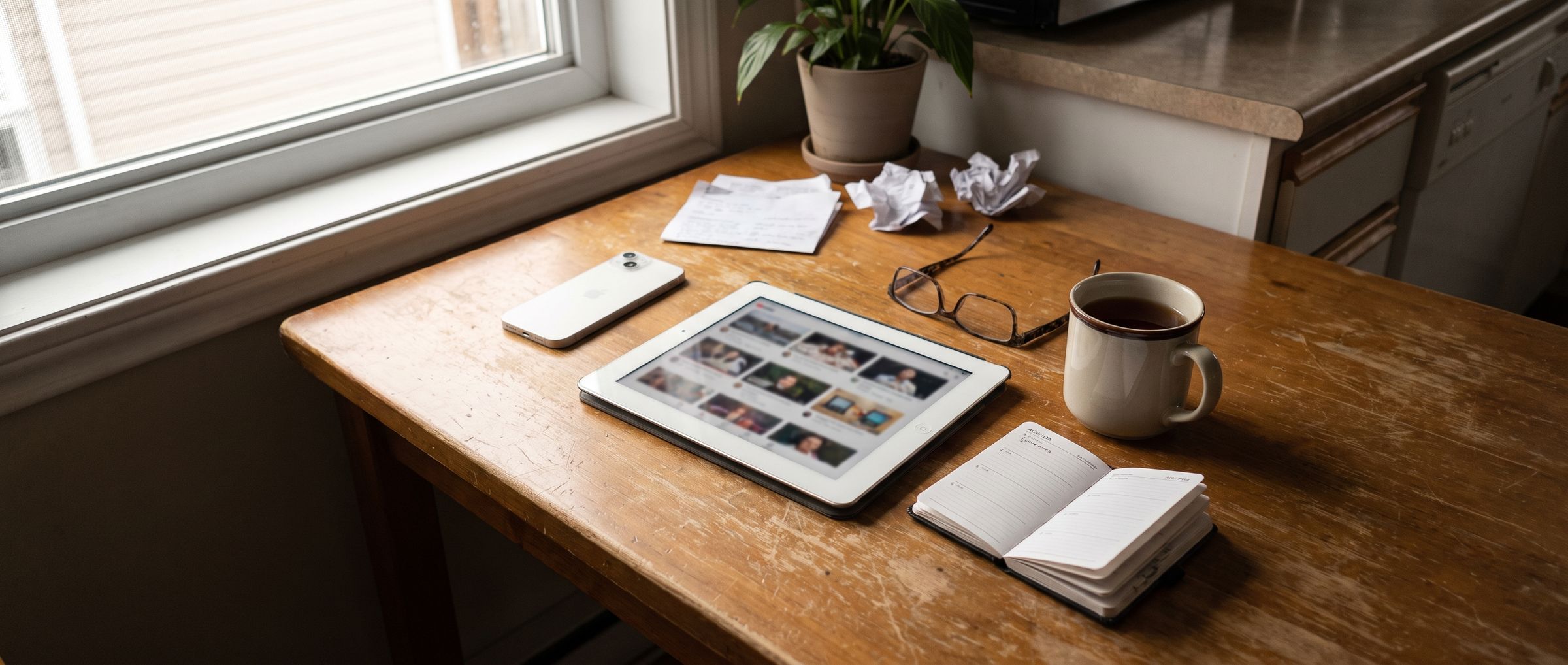 Un iPad posé sur la table de cuisine affiche les reprises des derniers ateliers
