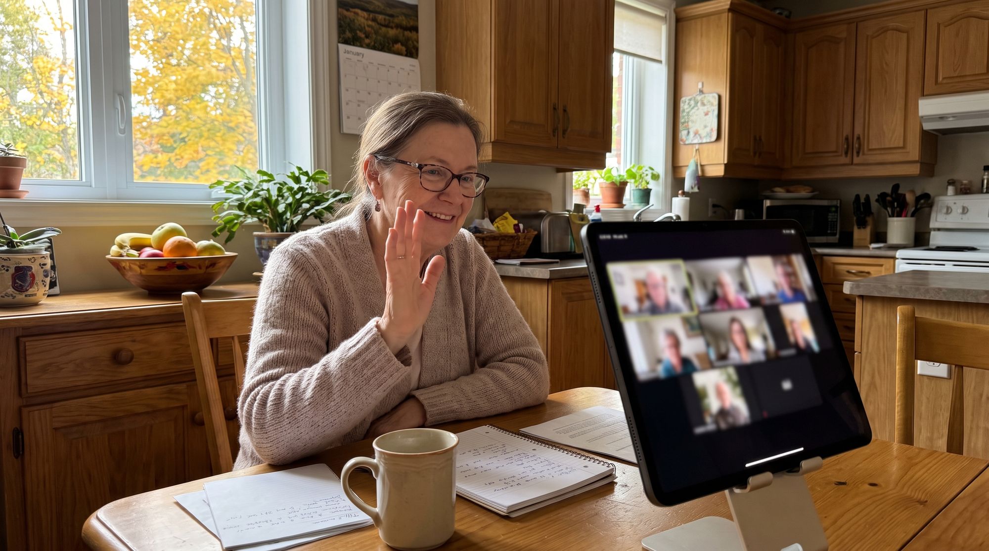 Une membre salue son groupe au début de l'atelier, sur son iPad dans sa cuisine