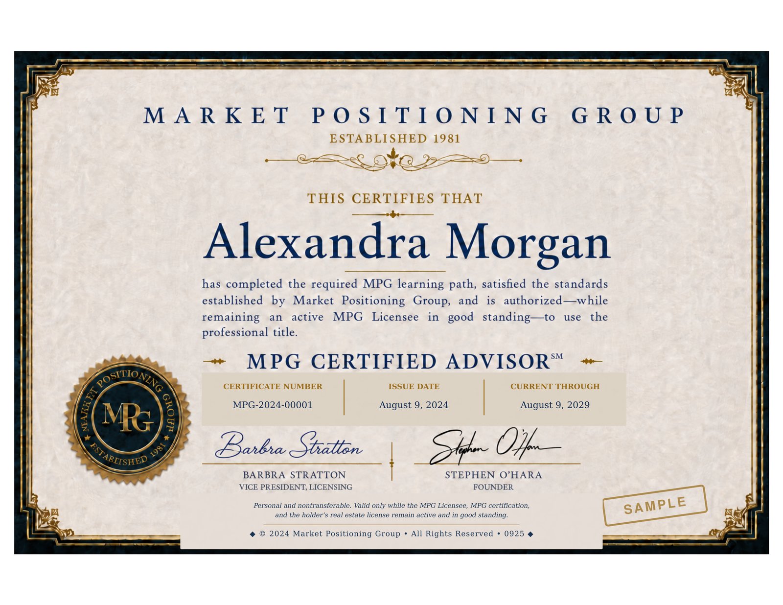 MPG Certified Advisor display certificate — sample