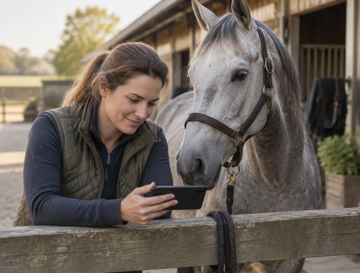 Astrid reviewing a submitted training video of an older horse