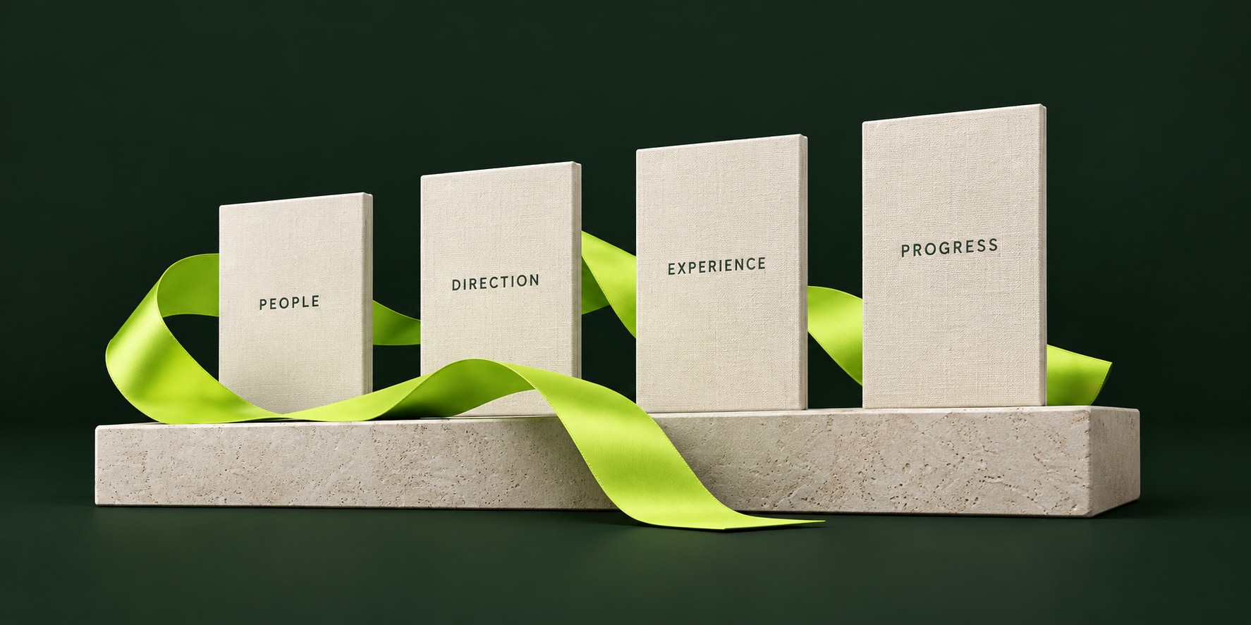 Four ivory paper panels with a lime ribbon on a stone platform