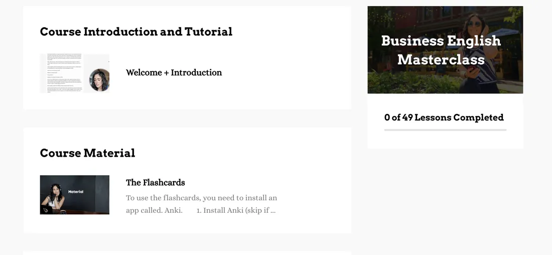 The course page with the Course Material section and The Flashcards lesson