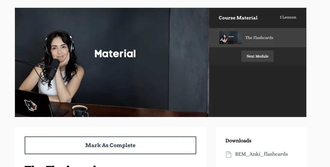 The Flashcards lesson page with the Downloads box on the right