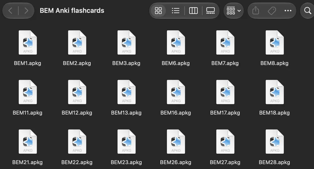 The unzipped folder full of files named BEM1.apkg, BEM2.apkg and more