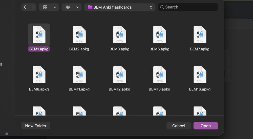 The file window with BEM1.apkg selected and the Open button
