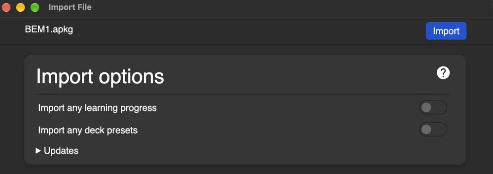 The Import options page with the blue Import button