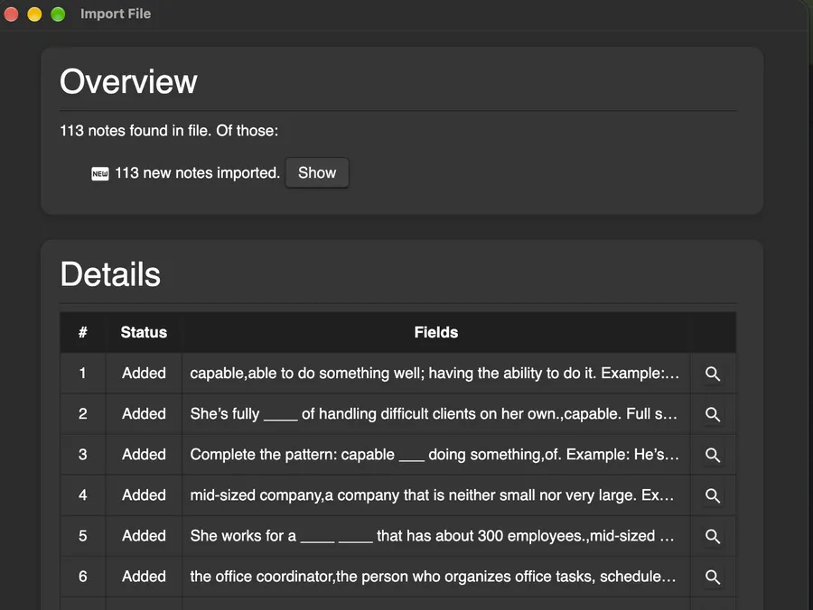 The Overview page that says 113 new notes imported