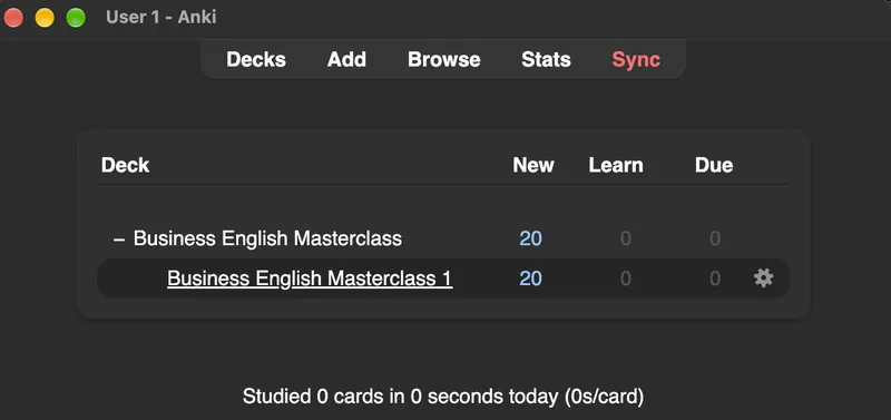 The deck list showing Business English Masterclass 1 with 20 new cards