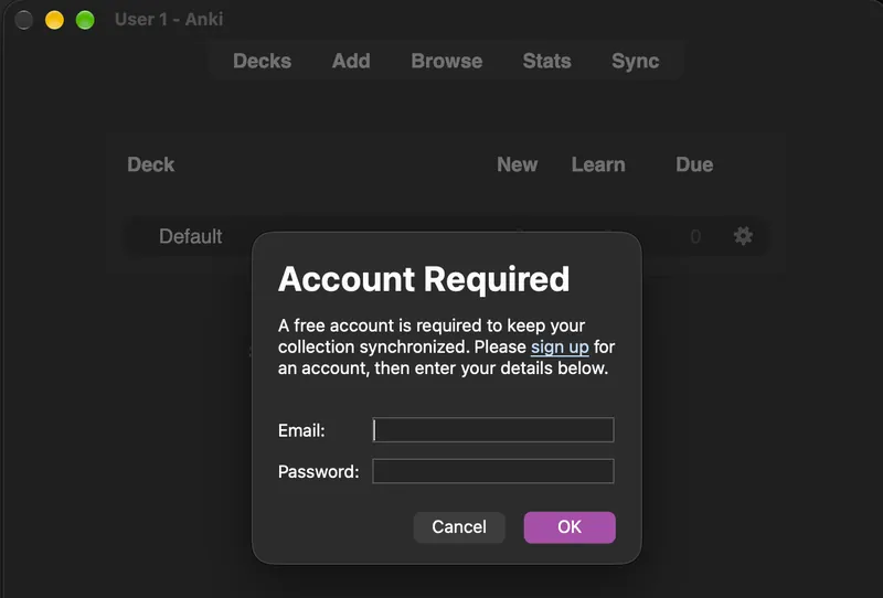 The Account Required box with the sign up link, email and password fields