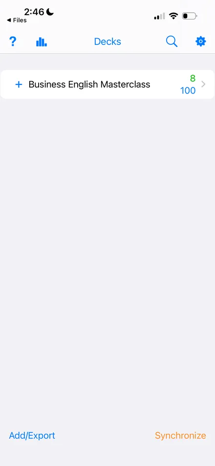 The Anki app on iPhone showing the Business English Masterclass deck and the Synchronize button at the bottom right
