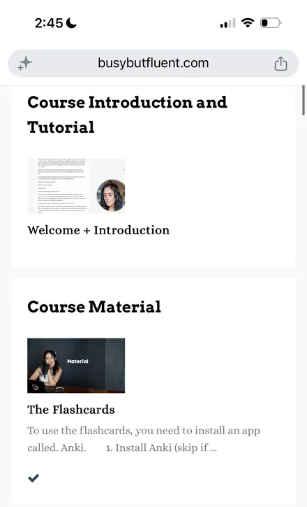 The course page on a phone with the Course Material section and The Flashcards lesson
