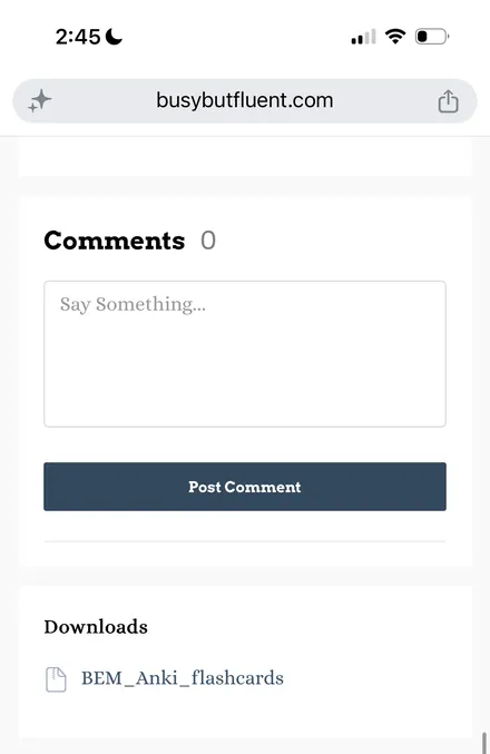 The bottom of the lesson page on a phone with the Downloads box
