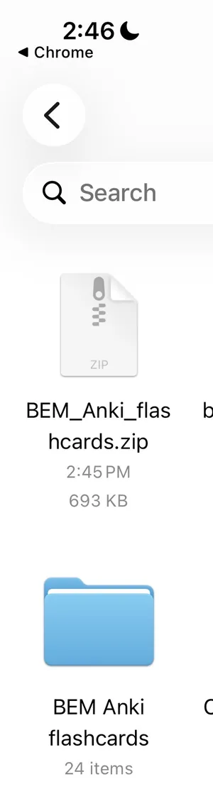 The Files app showing the zip file and, below it, the new folder called BEM Anki flashcards