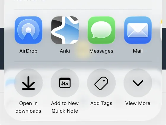 The iPhone share menu with the Anki app icon